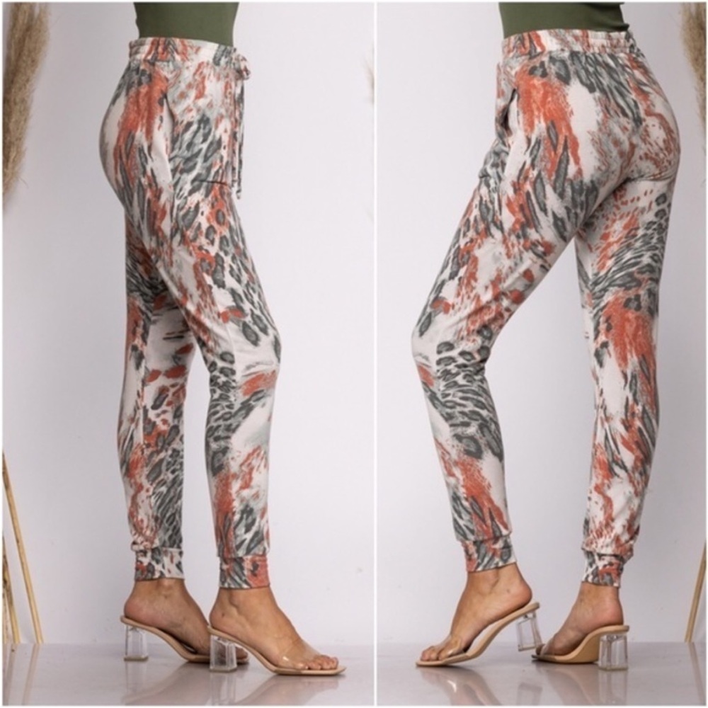 USA MADE ivory rust grey animal print leopard soft jogger pants.